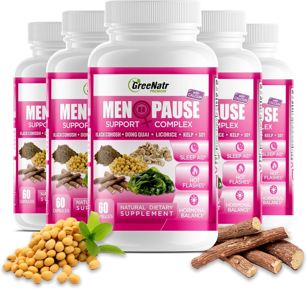 GreeNatr Herbal Menopauza Support Complex pre horúce záblesky, nočné potenie & Mood Swings Relief. Podporuje vyváženú hladinu hormónov - Black Cohosh, Dong Quai, Licorice Root & Kelp Leaves (6 fliaš)