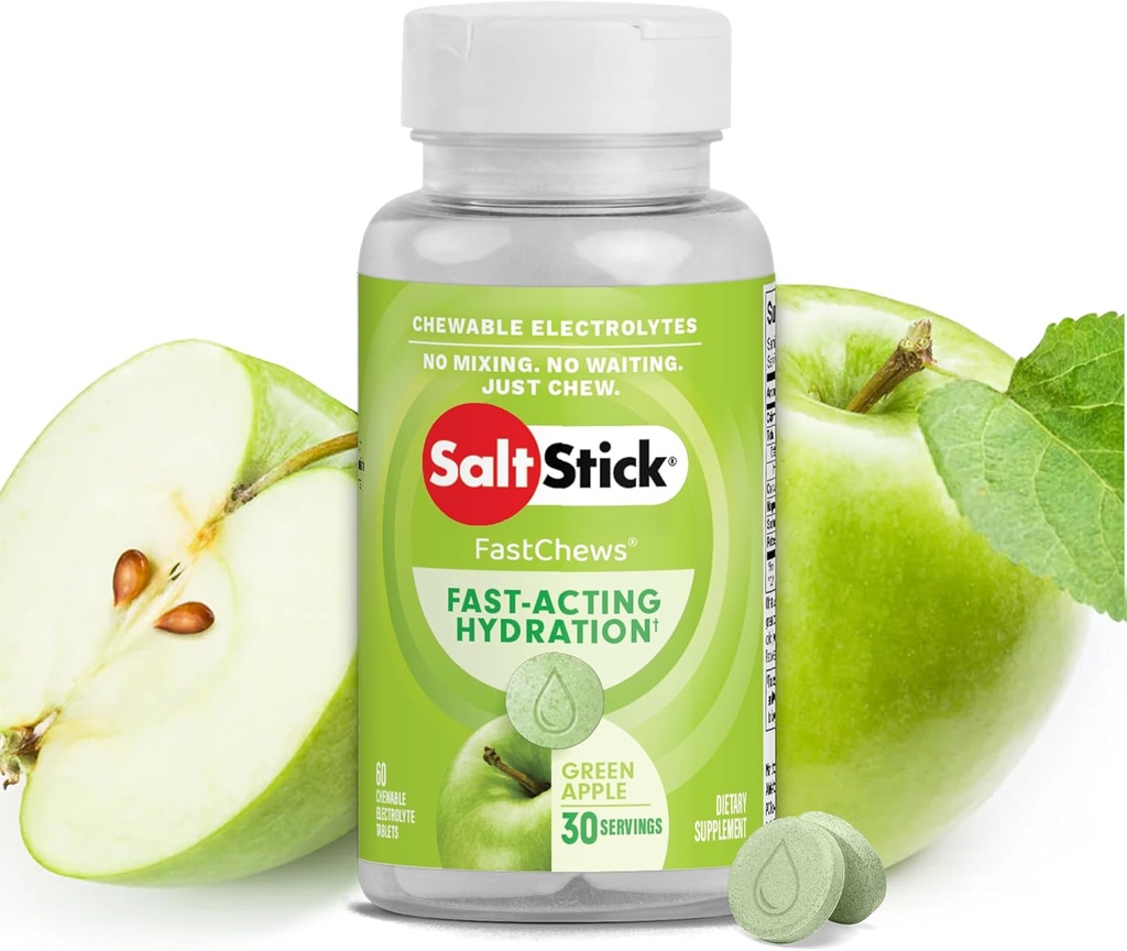 SaltStick Electrolyte FastChews - 60 Green Apple Chewable Electrolytes - Salt Tablets for Running and Hydration, Electrolyte Chews - 60 Count