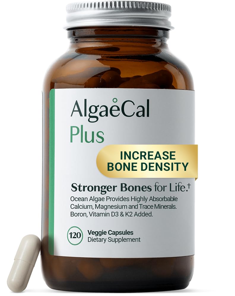 ALGAECAL Organic Red Algae Calcium Supplement for Bone Density, Vitamín K2 MK7 (100 mg), Vitamín D3 (1600 IU), horčík (350 mg) & Trace Minerals & Strength, Easy to Lasting, 120 Veggie Caps