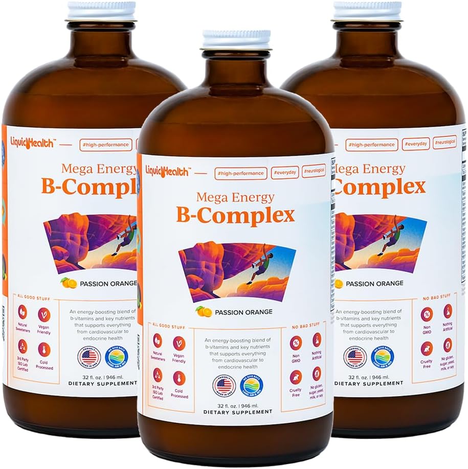 LIKVIDNÁ HEALTH Mega Energy Metylated B- Complex, dospelý tekutý vitamín doplnok - zvýšenie energie, uľaviť stresu a únavy, imunitná podpora, zdravie srdca a vnútorností - vyrobené v USA, Vegan, bez cukru (3 balenie)