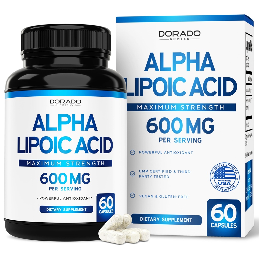 Alpha Lipoic Acid 600mg per Serving 60 Kapsule - Silný antioxidant pre neuropatiu a kardiovaskulárne zdravie (ALA Supplement) - Tretia strana testované, non-GMO, Gluten Free, Vegan & USA Made