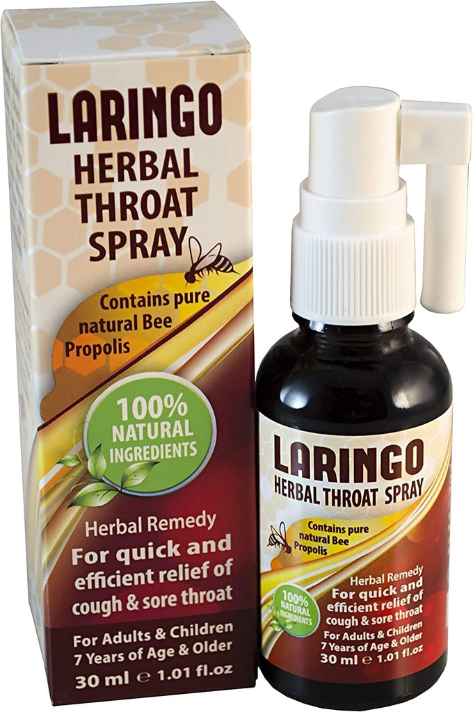 Laringo Throat sprej - obsahuje čisté 99% Raw Bee Propolis extrakt - 100% prírodná liečba hrdla pre dospelých a deti - bez lepku, rýchla úľava. Kosher - 1 FL Oz