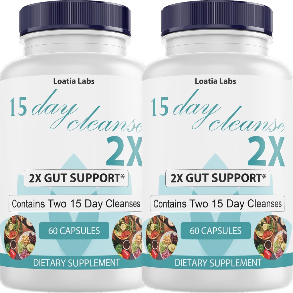 15 Day Cleans 2X - Double Gut & Colon Support - Advanced Gut Cleanse Detox pre ženy a mužov s lucernou, Cascara Sagrada, Probiotiká & Psyllium Husk - Non-GMO - Made in USA - 60 Kapsule (2 fľaše)