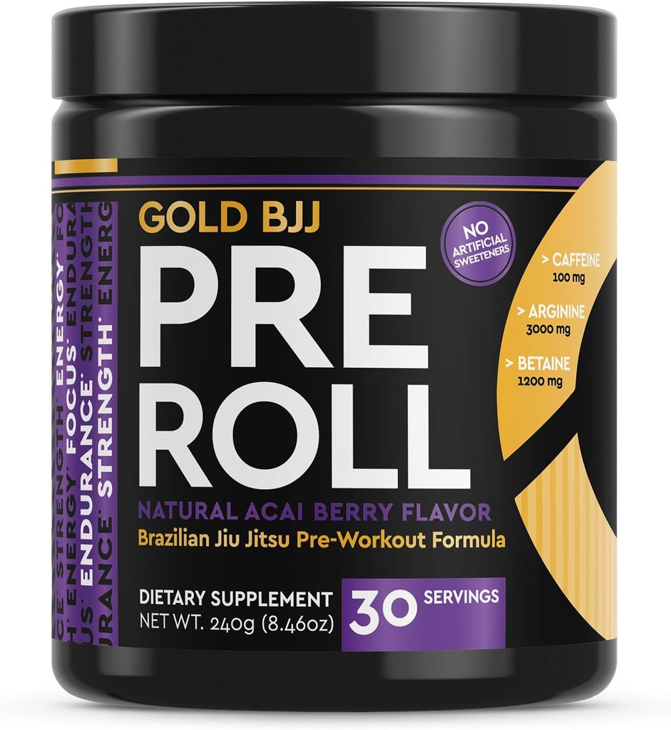 Gold BJJ PreRoll - Jiu Jitsu pred tréningom doplnok pre energiu, zameranie, a vytrvalosť - bojové umenie špecifické pre-Workout prášok vzorca s prírodnými chuťami (Acai Berry, 30 Servings)