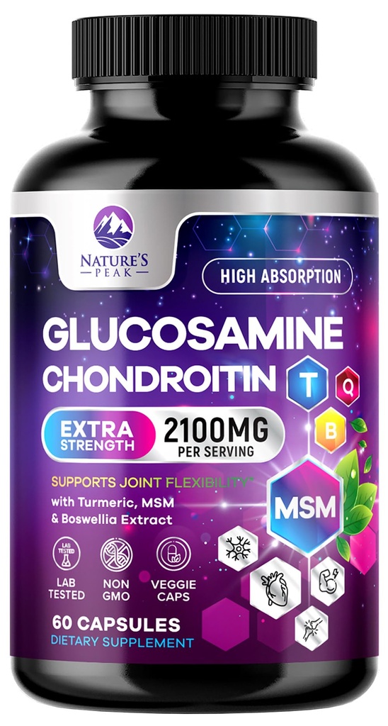 Glukozamín Chondroitín MSM Joint Supplement 2100 mg - s Glukozamín Sulfate, Turmeric, Boswellia, Quercetin & Bhloubain 