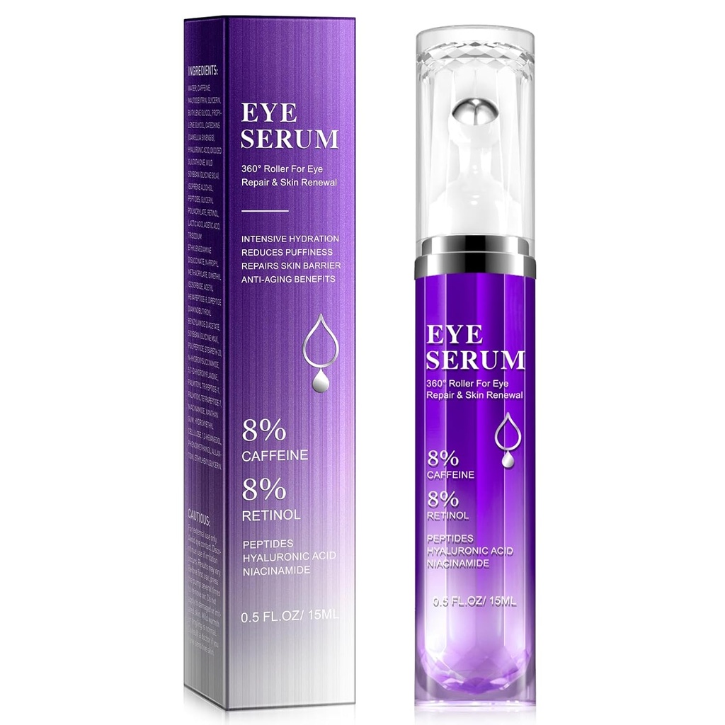 Pod očné kolieskové sérum - 8% Kofeín & 8% Retinol Očný krém pre tmavé kruhy, nadutie a tašky, Puffy Bags Fine Lines Vrásky, 360° Masáž Ball Cream, Hyaluronic Acid Serum pre mužov a ženy