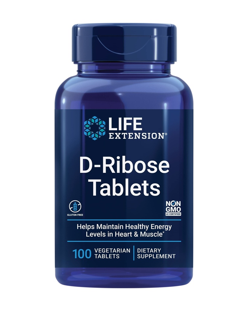Life Extension D- Ribose tablety, Plus vápnik, pomáha udržiavať zdravé úrovne energie v srdci a svalovej hmoty, podporuje výrobu ATP, Gluten-free, non-GMO, Vegan, 100 Vegetariánske tablety