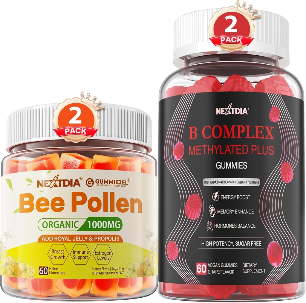 Včelí peľ pre rast prsníkov Organické 1000 mg + Vegan Super Metylated B komplex vitamín Gummy pre ženy