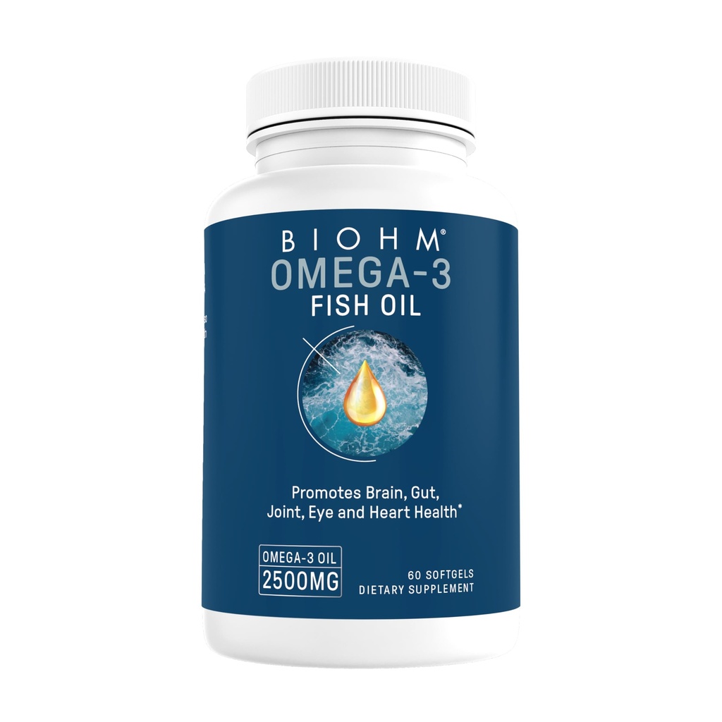 BIOHM Omega-3 rybí olej (2500mg, 60 Softgels) Vysoká potencia 860mg EPA & 630mg DHA, Omega 3 mastné kyseliny doplnky na podporu mozgu, kĺbu, oka, pečene a Gut zdravie, trvalo Zdroj
