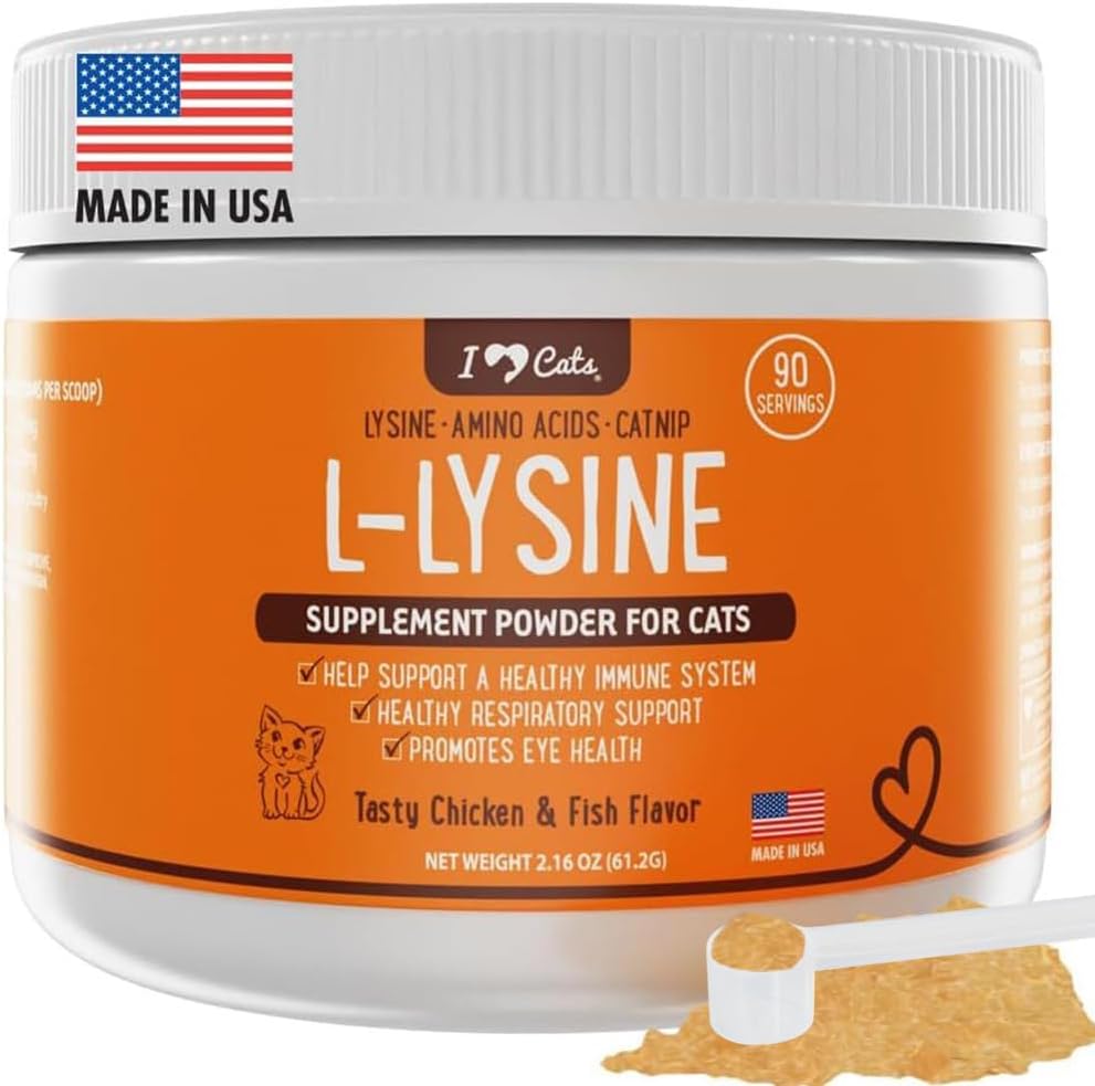 iHeartCats L-Lysine pre mačky - Immune & Respiratory Supplement for Mačky - Cat Science & Runny Nose Relief - L-Lysine Powder with Cat Nip - Chicken & Salmon Flavor