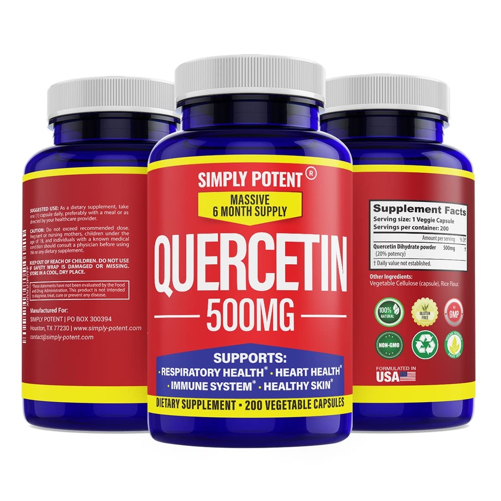 Jednoducho Silné Quercetin doplnky, Quercetin 500 mg 200 kapsúl, 2 X Quercetin 250 mg Phytozome Bioflavonoid Vegan Bezlepkové pilulky lepidla na podporu zdravých bunkových srdcových a imunitných funkcií