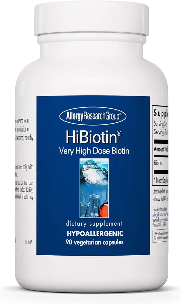 Alergy Research Group HiBiotin Supplement - Extra sila Biotin pilulky, Vegetariánske kapsule, Hypoalergenic, Gluten Free - 90 Počet