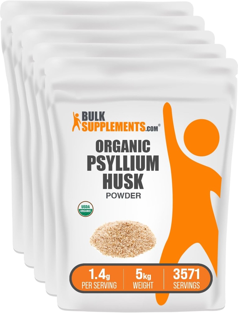 BulkSupplementments.com Organic Psyllium Husk Powder - Psyllium Husk Powder for Peaking, Fiber Supplement - Gluten Free, 1,4g per Serving, 1kg (2,2 lbs) (Pack of 5)