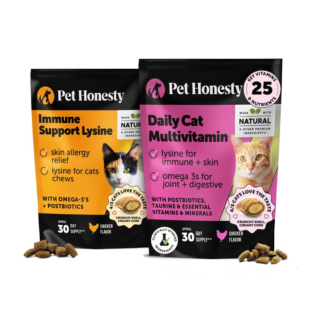 Cat Multivitamíny + Imunitná podpora Lyzín Dual Texture Chew Supplement Bundle - podporuje celkové imunitné zdravie, kĺby, kože a plášťa, a Cat Alergy Relief - Kýchanie, Runny Nose