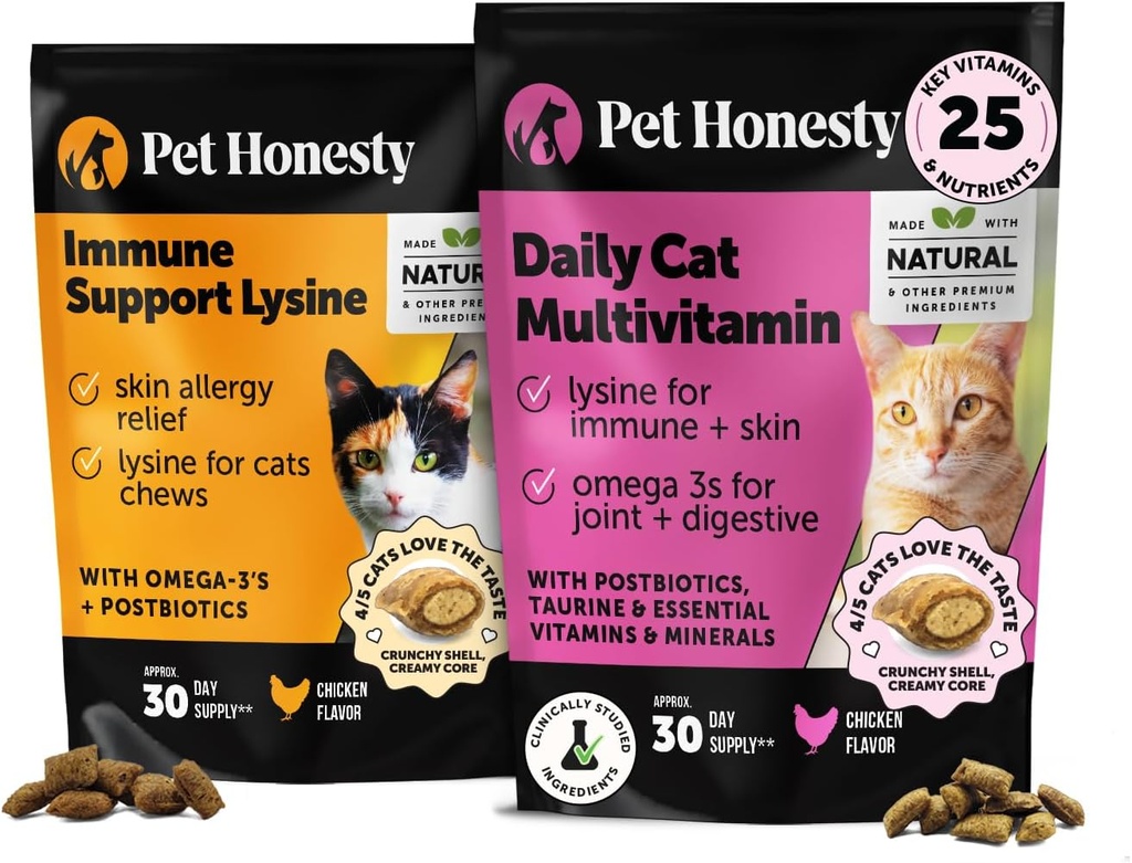 Cat Multivitamíny + Imunitná podpora Lyzín Dual Texture Chew Supplement Bundle - podporuje celkové imunitné zdravie, kĺby, kože a plášťa, a Cat Alergy Relief - Kýchanie, Runny Nose