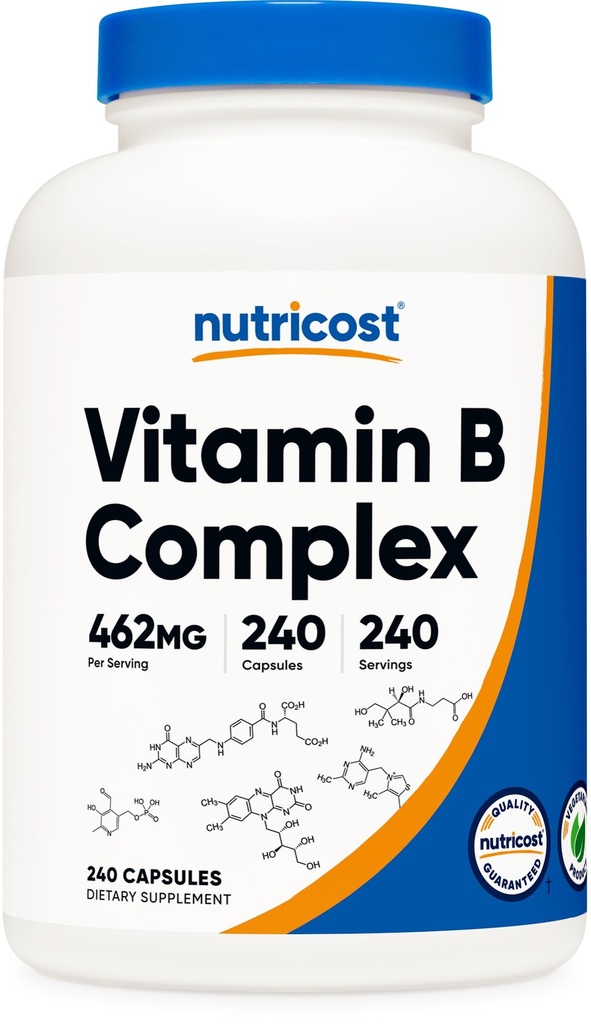 Nutricost vitamín B komplex 462mg, 240 kapsuly - s vitamínom C - energetický komplex