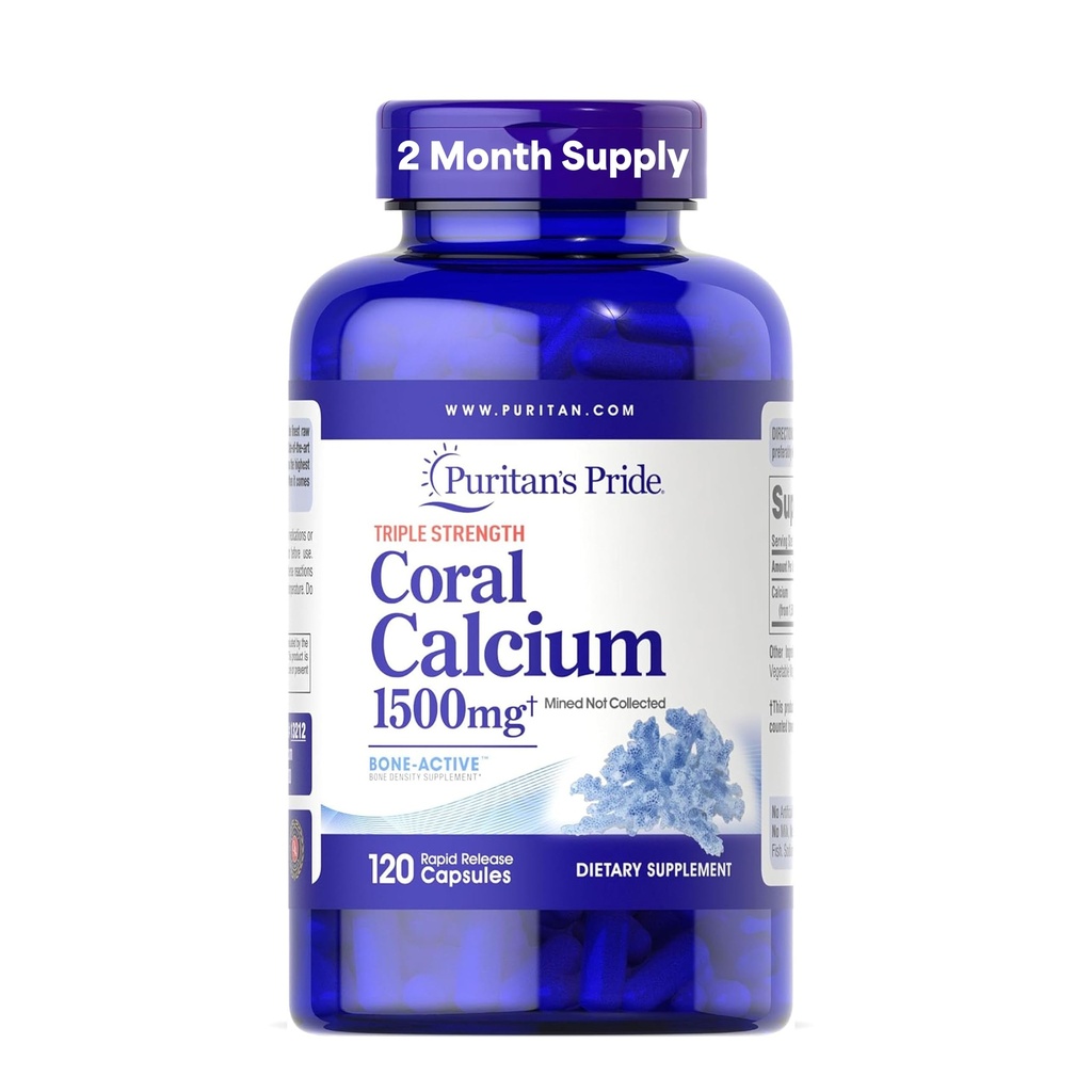 Puritánska pýcha Triple sila Coral Calcium 1500 mg s Bone-ActiveTM, Dietary Supplement for Heart, Nerve, and Muscle Support, 2 mesiace dodávky, 120 Rýchle uvoľnenie Kapsule