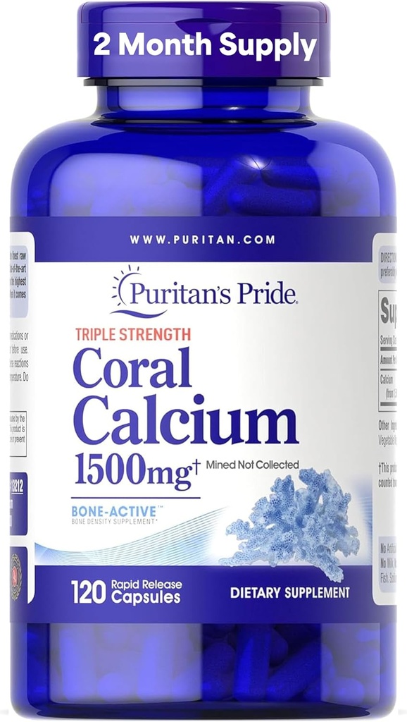 Puritan's Pride Triple Strength Coral Calcium 1500mg with Bone-Active™, Dietary Supplement for Heart, Nerve, and Muscle Support, 2 Month Supply, 120 Rapid Release Capsules