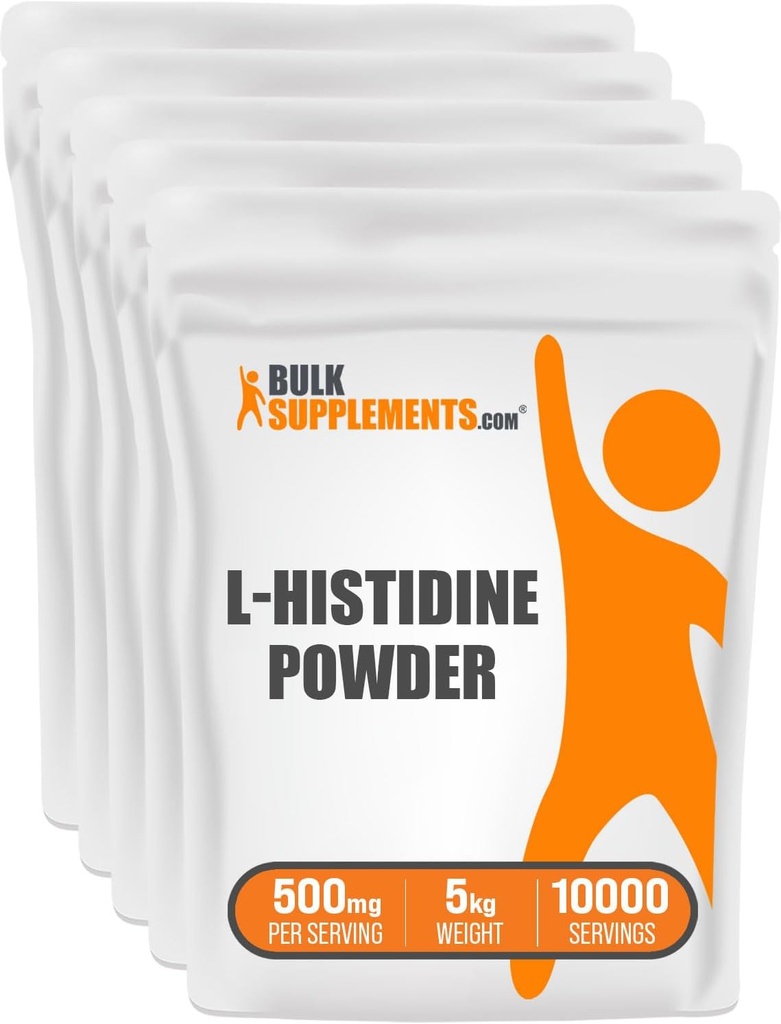 BulkSupplementments.com L-Histidín prášok - ako L-Histidín Base, Histidín Supplement - Essential Amino Acid & Gluten Free, 500mg per Serving, 5kg (11 lbs) (Pack of 5)
