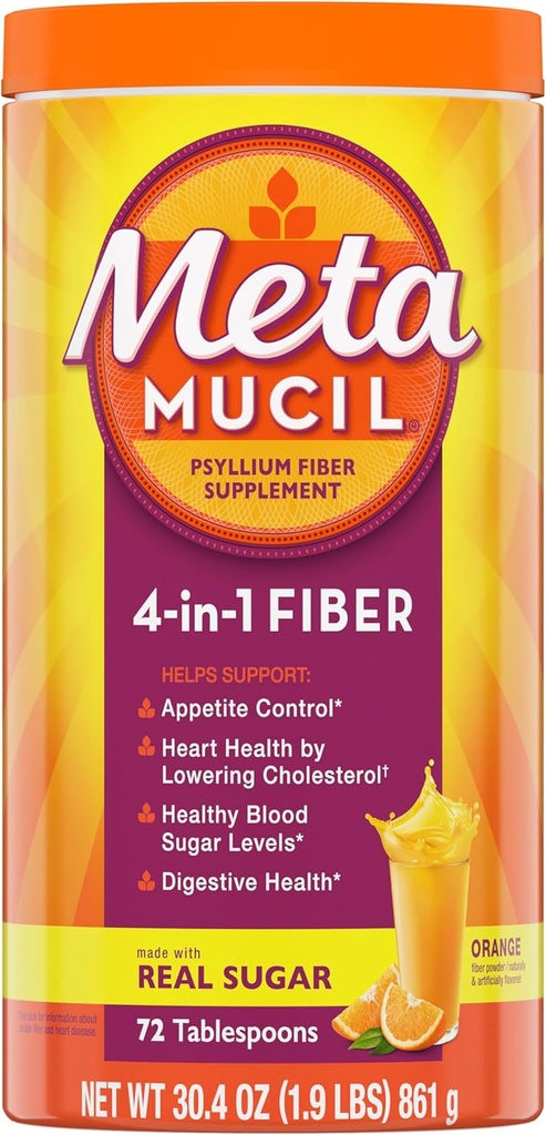 Metamucil 4-v-1 Psyllium Husk Fiber Supplement, Real Cukor, 72 polievkové lyžice, Orange Ochutené, Denné vlákno prášok pre trávenie zdravie, vyrobené s Plant-Based Psyllium Husk Fiber