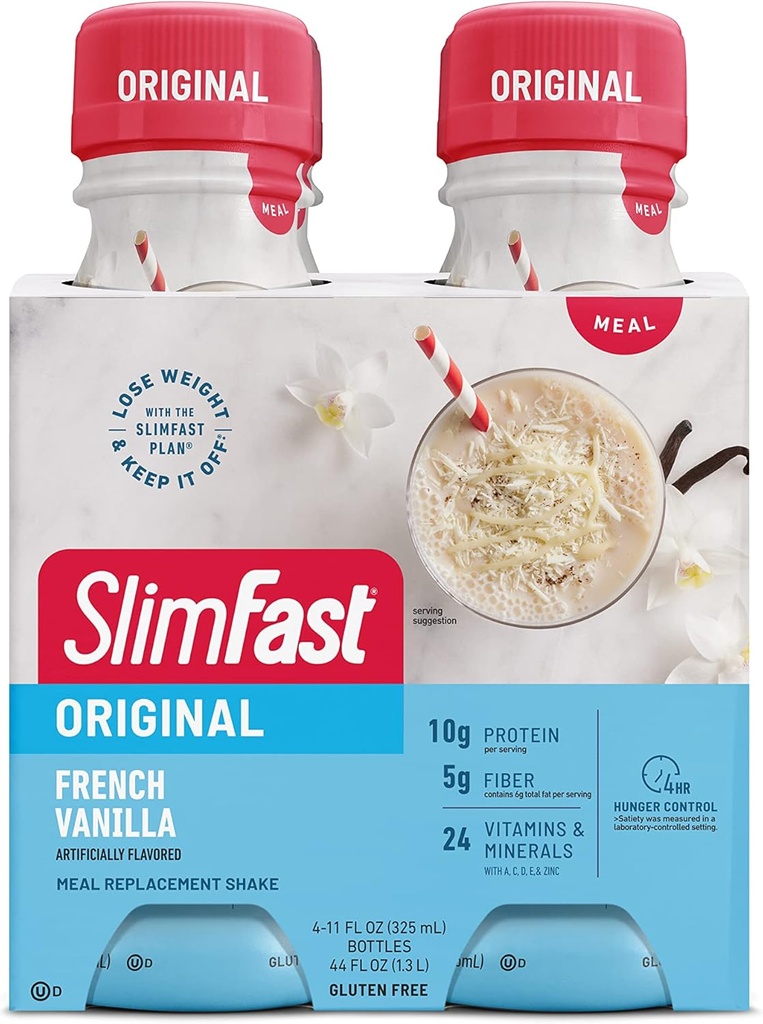 SlimFast Replacement Shake, Original French Vanilla, 10g Ready to Drink Protein for Weight Loss, 11 Fl. Oz Bottle, 4 count (Backaging May Vary)