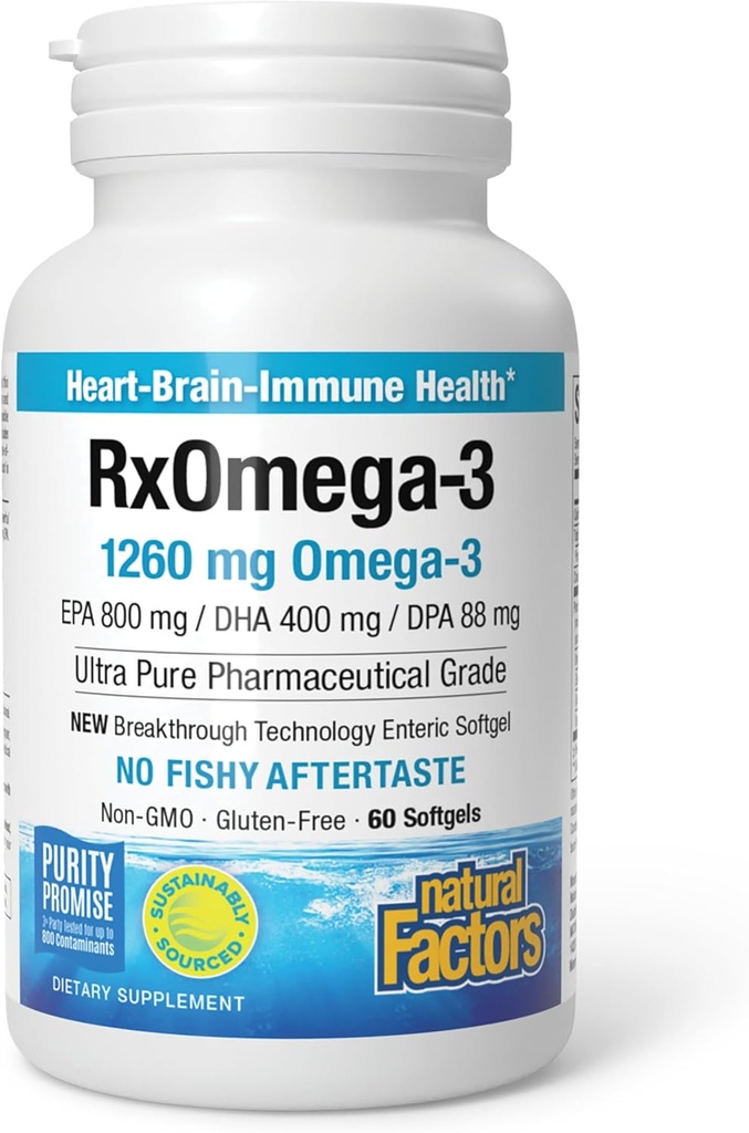 Prírodné faktory RxOmega-3, Natural Support for Heart Health with DHA and EPA, Daily Dietary Supplement, 60 Softgels