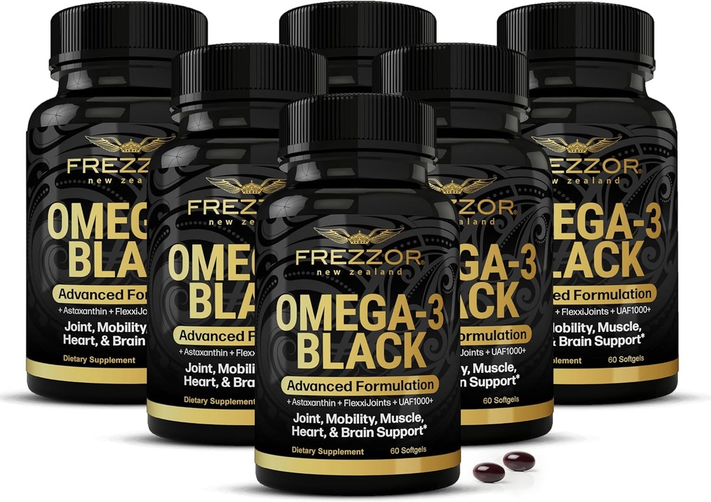 FREZZOR Omega 3 Black for Joint Care & Comfort - Nový Zéland Green Lipped Mussel Oil Kapsule; 53x Vyššia potencia s UAF1000+ Super Antioxidant, Žiadna rybia dochuť, 450mg, 6-Pack, 360 Softgels