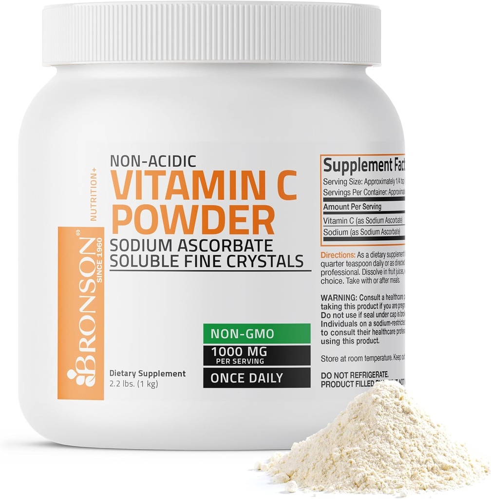 Bronson Non Acidic Vitamin C Powder Sodium Ascorbate Non GMO Soluble Fine Crystals - Healthy Immune System, Antioxidant and Cell Protection, 1 Kilogram (2.2 lbs, 35.3 Ounces)
