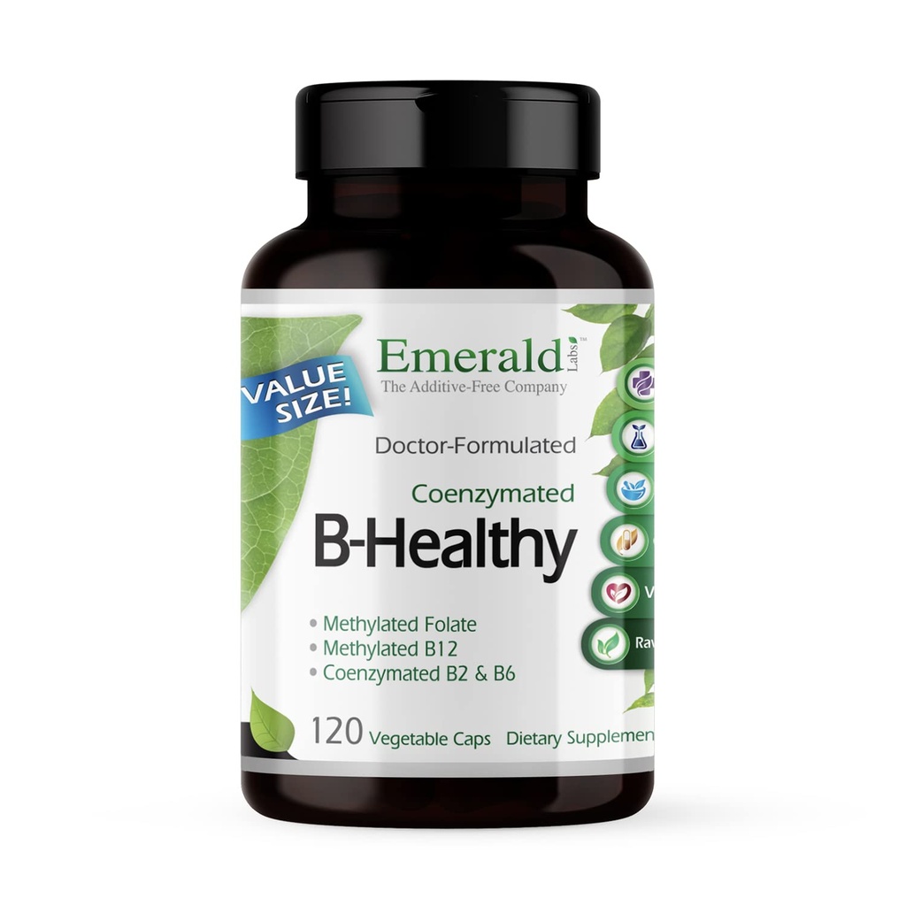 EMERALD LABS B-zdravý - Vegánsky vitamín B komplex - zahŕňa metylované kyseliny listovej a plného spektra B vitamíny - podporuje imunitný, mozog a srdce zdravie* - 120 Rastlinné kapsuly