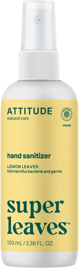 ATTITUDE Hand Sanitizer Spray, EWG Overené, zabije Germs & Baktérie, Vegan & Plant-Based, Sejf pre dospelých a deti, Citrónové listy vôňa, 3.38 Fl Oz (Spray Bottle)