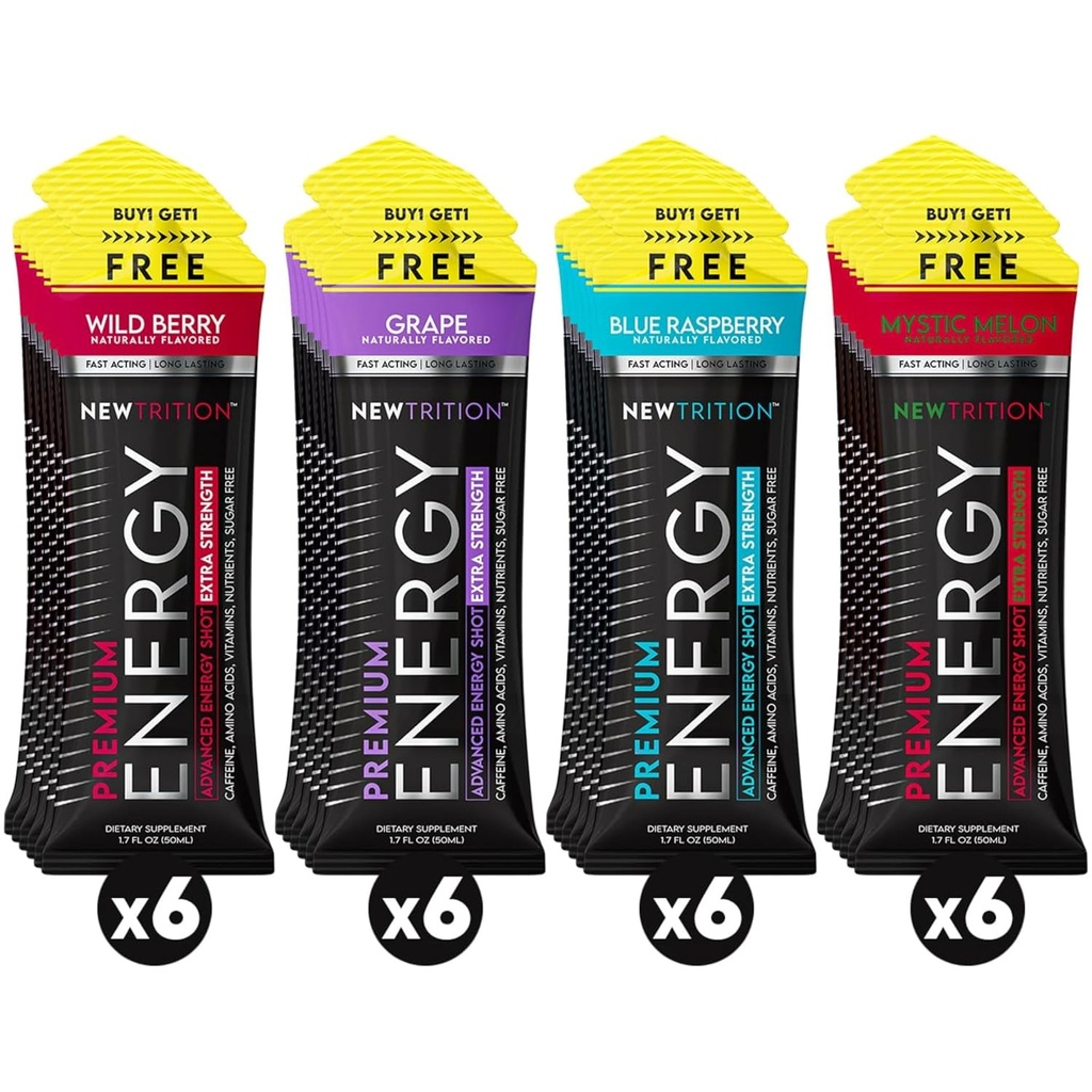 NewTrition® Extra Strength Energy Shots 1.7 fl oz (Pack of 24, 4 flavors) - 250 mg kofeínu s B vitamínmi a aminokyselinami, bez cukru Zero kalórií Vitamín Energy Drink for Focus & Endurance (Mixed-1)