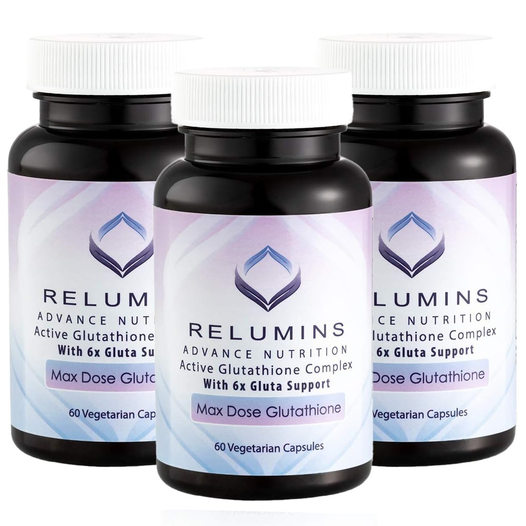 Relumins Advance White Active Glutathione Complex - Max Dose 900mg Glutathione with 6X Boosters, ALA & NAC - Anti-Aging Skin Brightening Supplement, Summer Skin Essential - 60 Caps x 3 Bottles