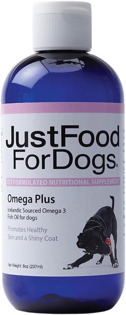 JustFoodForDogs Omega Plus Premium Fish Oil pre psy Omega 3 Supplement, Liquid, 8 oz