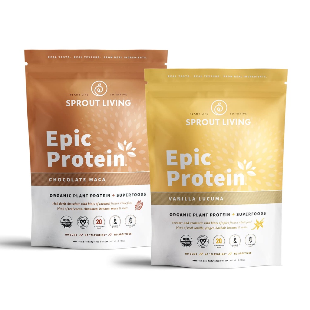 Sprout Living Epic Protein Bundle - Čokoláda Maca & Vanilla Lucuma (20g Organic Plant-Based Protein Powder, Vegan, Gluten Free, Superfoods) 