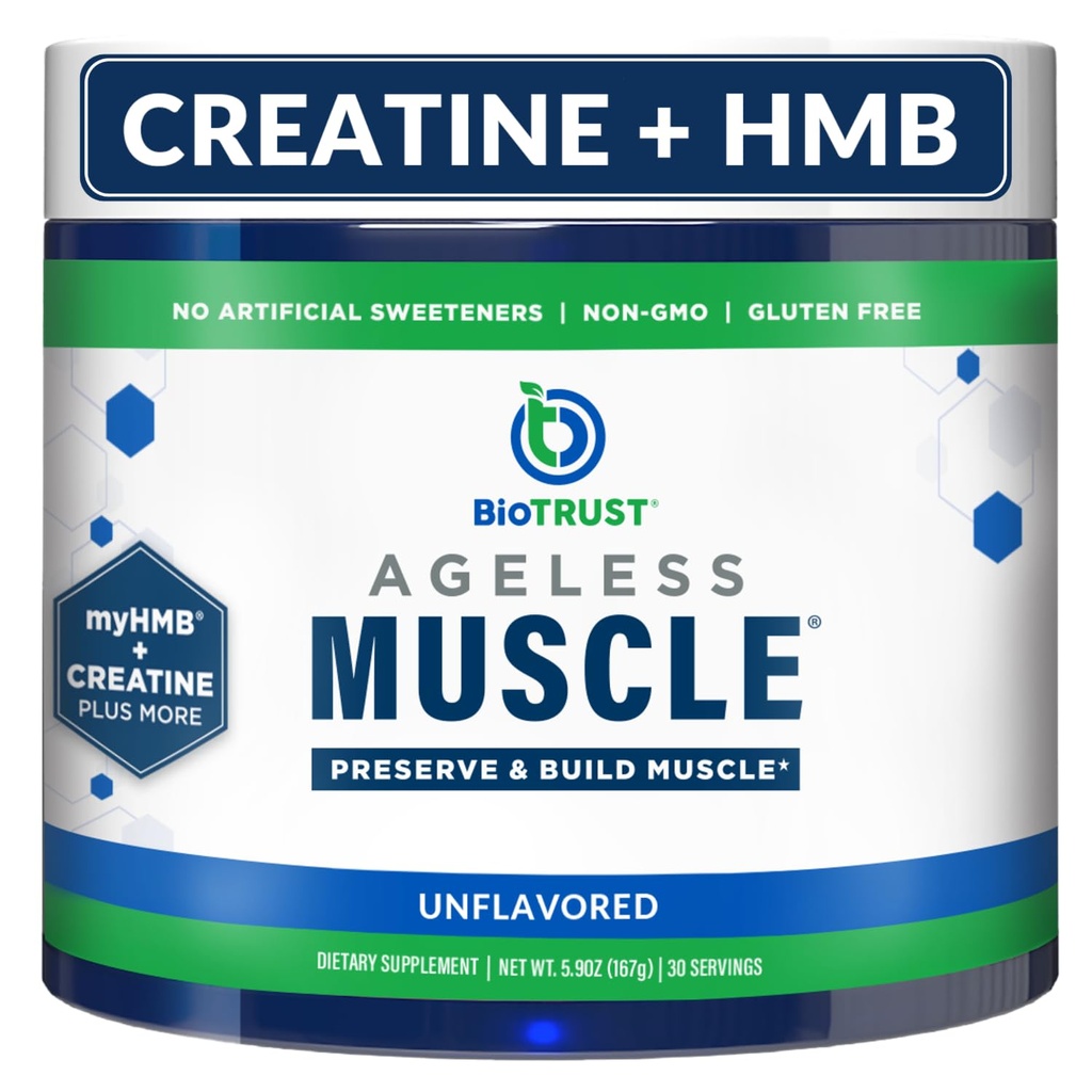 BioTrust Ageless Muscle Builder - Kreatín HMB prášok s vitamínom D3 a betaín - Build & Conserve prirodzene ochabujúce svalovej hmoty a sily - neochutené, 30 Servisov