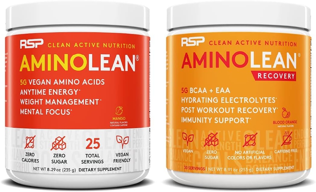 RSP NUTRITION Vegan AminoLean pre cvičenie energie (Mango 25 Servings) s AminoLean zotavenie post cvičenie Boost (Blood Orange 30 Servings)