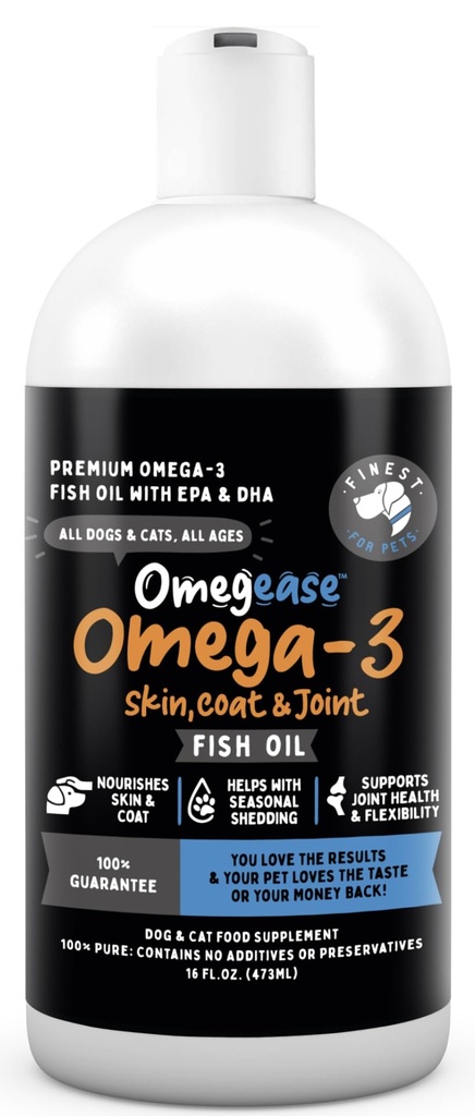 Omegeáza Rybí olej pre psy a mačky - Najjemnejšie pre domáce zvieratá Omega 3 pre mačky a psy - Supplement for Skin & Coat, Svrbenie, Shedding, Joints & Immune Health - 100% Pure Omega Fish Oil with EPA & DHA (16 oz)
