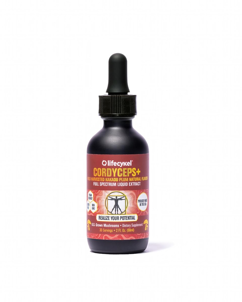 Lifecykel Cordyceps Mushroom Extract w/Kakadu Plum- Natural Energy Supplement for Fouth & Výdrž- Mycélium Vitamín C Antioxidanty Non-GMO Organic Huby vyrobené v USA, 2 Fl oz (Backaging May Vary)