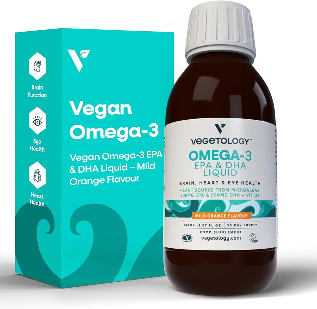 Vegan Omega 3 Liquid, z mikrorias, 800mg EPA DHA, s vitamínom D3, podporuje srdce, mozog a zdravie očí, Natural Fish Oil Alternative, UK Made, Mild Orange Ochutené