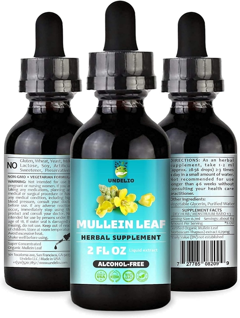Herbal Mullein Leaf Extract - Organic & Alcohol-Free Tinture for Respiration, Lung, Sleep & Digestive Support - Non-GMO, Vegan - 2 fl. Oz for Immune Health & Lung Detox