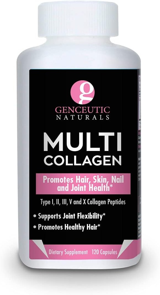 Genceutic Naturals Multi Collagen Kapsule Typy I, II, III, V & X - 120 Veg Caps - pre zdravé vlasy kože, nechty 1500mg Non-GMO, pasture-Raised, klietka zadarmo a krutosť zadarmo Zdroj