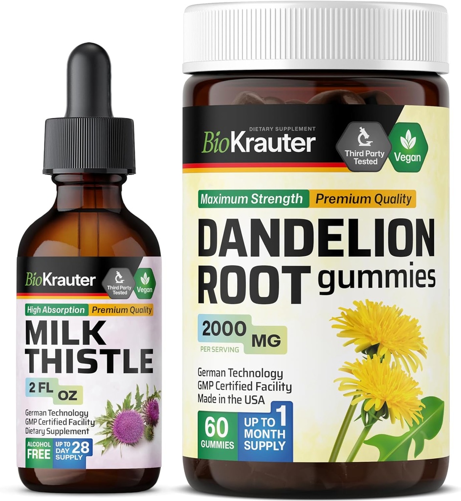 BIO KRAUTER Milk Thitle Tincture 2 Fl. Oz. & Dandelion 60 Gummies