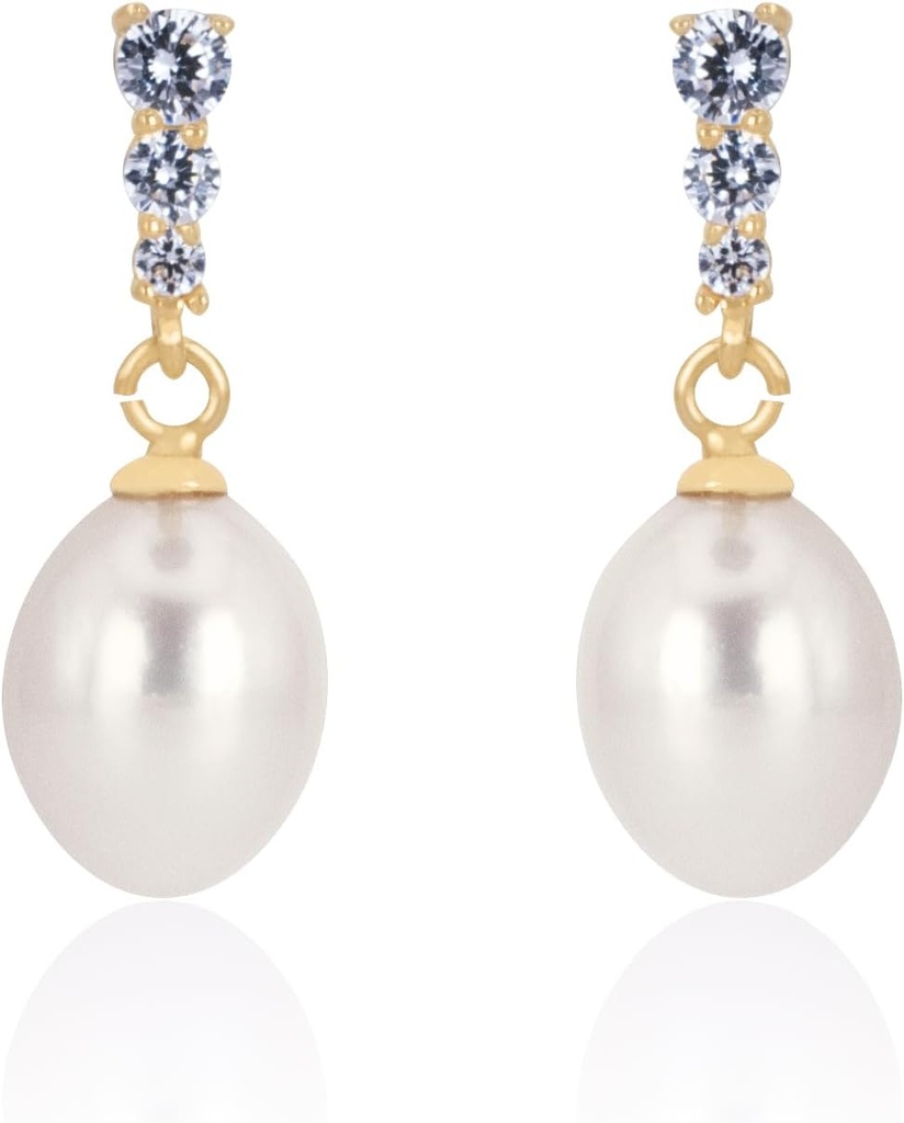 18K Gold Plated Sterling Silver Dangle White Drop Handpicked Quality Freshwater Cultured Pearl Wedding Náušnice s Cubic Zirconia Crystals Pearl Bridal Náušnice Šperky pre Brides