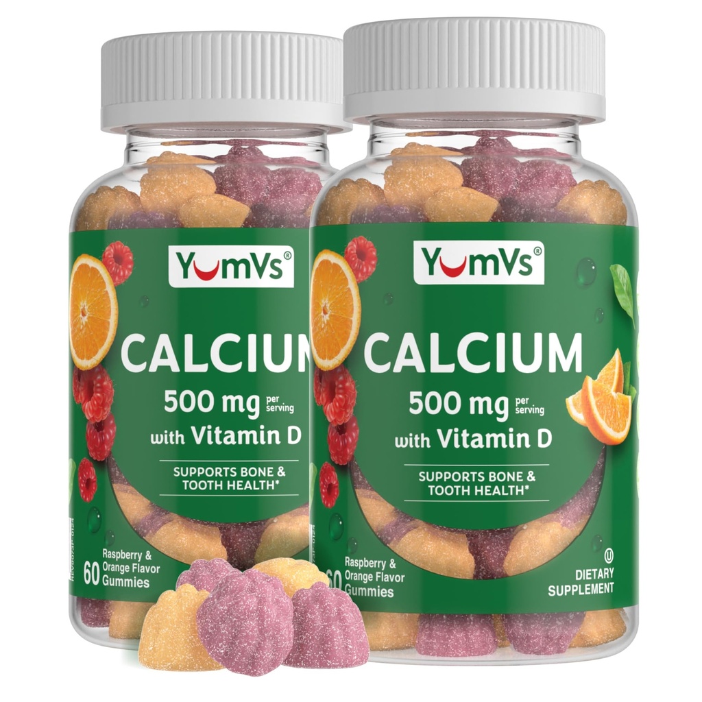 YumVs vápnik 500mg s vitamínom D3 - Malinová a pomarančová chuť Vápnik vitamín D Gumies, Žuvateľný vápnik doplnok pre deti a dospelých, vitamín D kalcium Gummies (60 počet (Pack of 2)