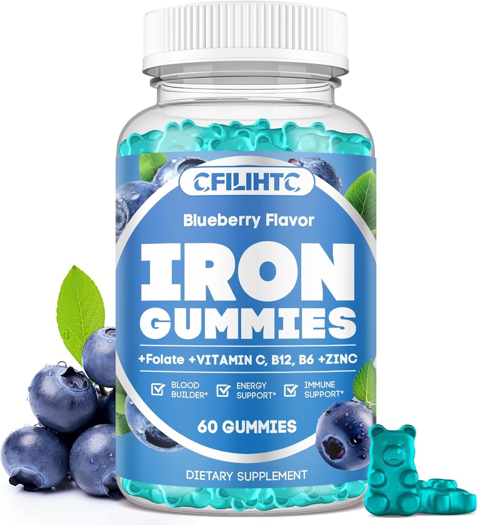 Železo Gummy pre ženy a mužov - Železo doplnok s vitamínom B6, B12, C, Zinok, folát pre dospelých a deti - Podpora Železo nedostatočnosť, Anémia, Energetické Boost, Blood Builder - Bezcukr Vegan 60ct čučoriedky