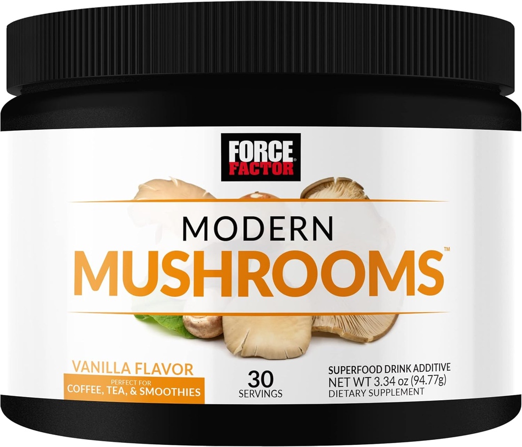 FORCE FACTOR Moderné Huby prášok, Huby Supplement with Lions Mane, Turecko chvost, & Cordyceps na podporu energie, Zameranie, Imunita, & Trávenie, Vanilková chuť, 30 Slúži