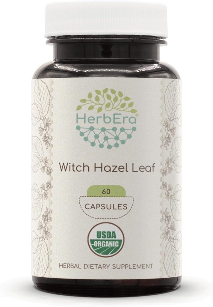 HerbEra Witch Hazel Leaf USDA Organic 60 Capsules | Natural Herbal Supplement | Certified Organic Vegetarian Capsules and Organic Witch Hazel Leaf (Hamamelis virginiana) Dried Leaf (60 Capsules)