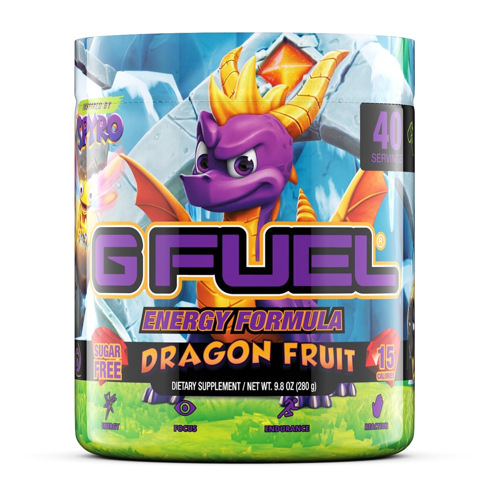 G Fuel Spyro Dragon Energy Drink Powder, Pre Cvičenie kofeín Mix pre Herné, bez cukru Focus Amino, Vitamín + Antioxidanty, 9.8oz (Dragon Fruit, 40 Servings)