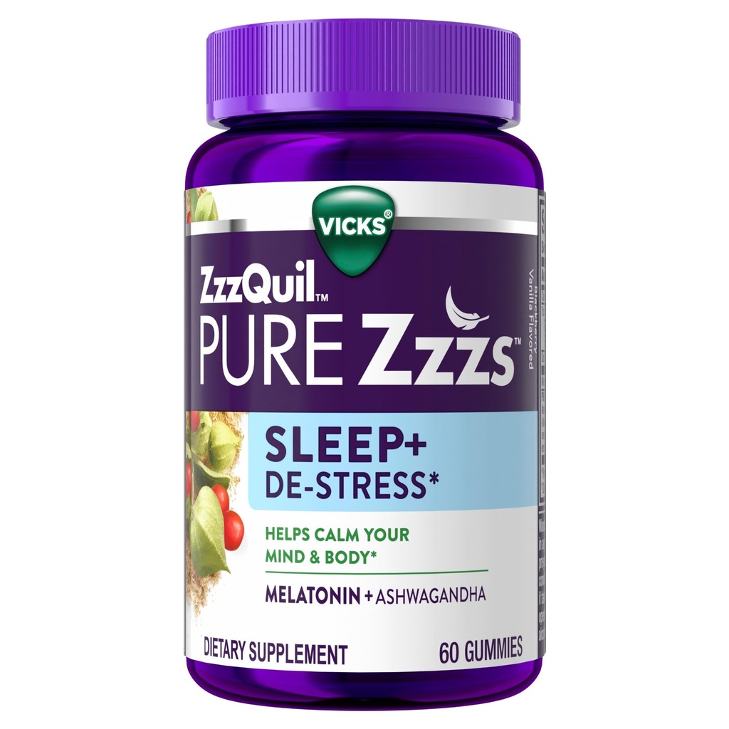 ZzzQuil PURE Zzzs De-Stress 2mg Melatonin Gummies, , Sleep Aids pre dospelých, Ashwagandha pre podporu stresu, 60 Gummies