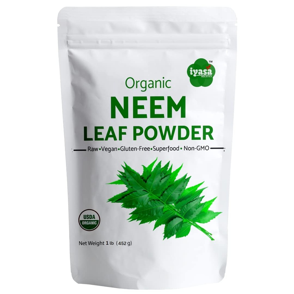 Iyasa Holistics Organic Neem Powder Ayurveda bylina a superpotraviny, podporuje očisťovanie krvi a pečene, podporuje zdravé vlasy a čistú pokožku, odolná taška 16 oz/ 453g